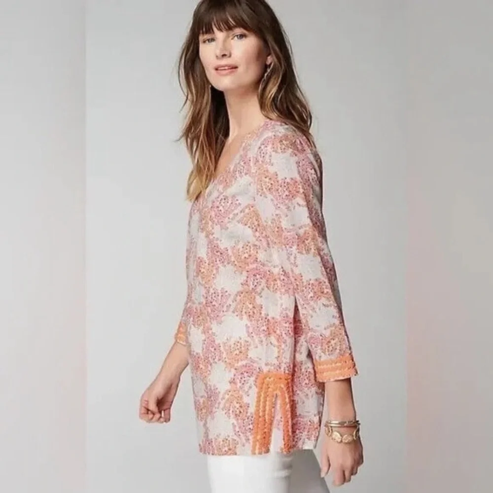 šŖø J. Jill sz.S Orangeā Multi Linen Blend Coral Reef Print Tunic Top Blouse - Picture 2 of 16